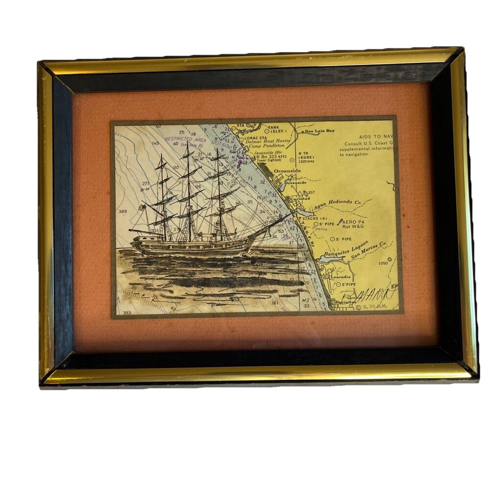Original Pen And Ink Ship On Nautical Chart B Mann Framed Art Signed Vintage 9x7